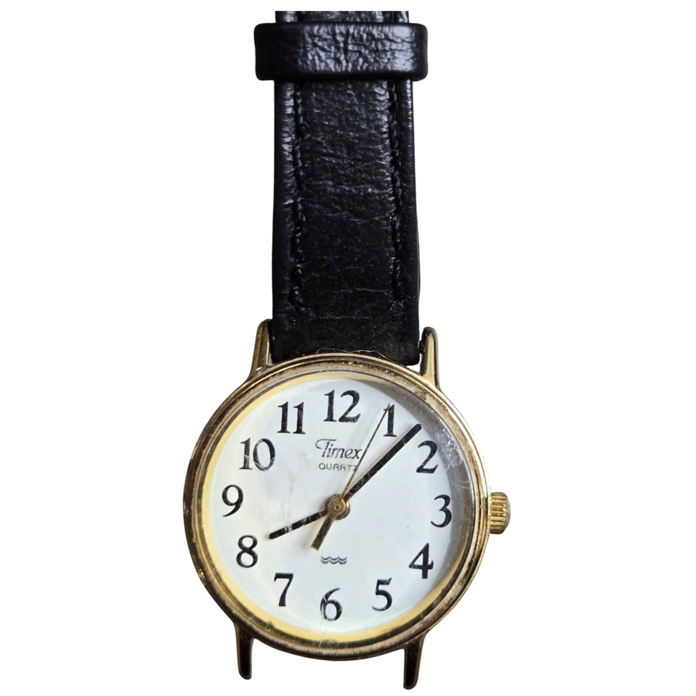 Timex Quartz Wristwatch Women Gold Black Leather Strap Parts/Repair
